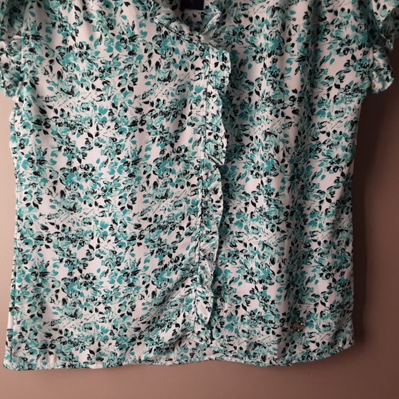 Adrienne Vittadini Short Sleeve Floral Blouse | White Turquoise Black | New! S/M - Picture 3 of 14